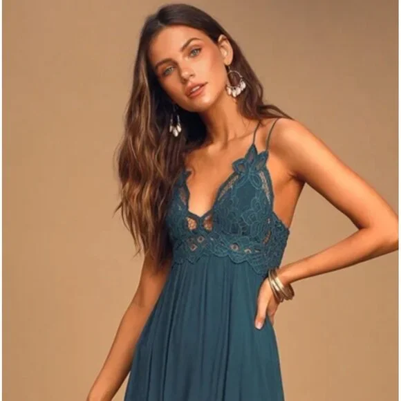 Free People Teal Lace Crochet Trim Ruffled Hem Flowy Casual Boho Slip Dress - Picture 4 of 16